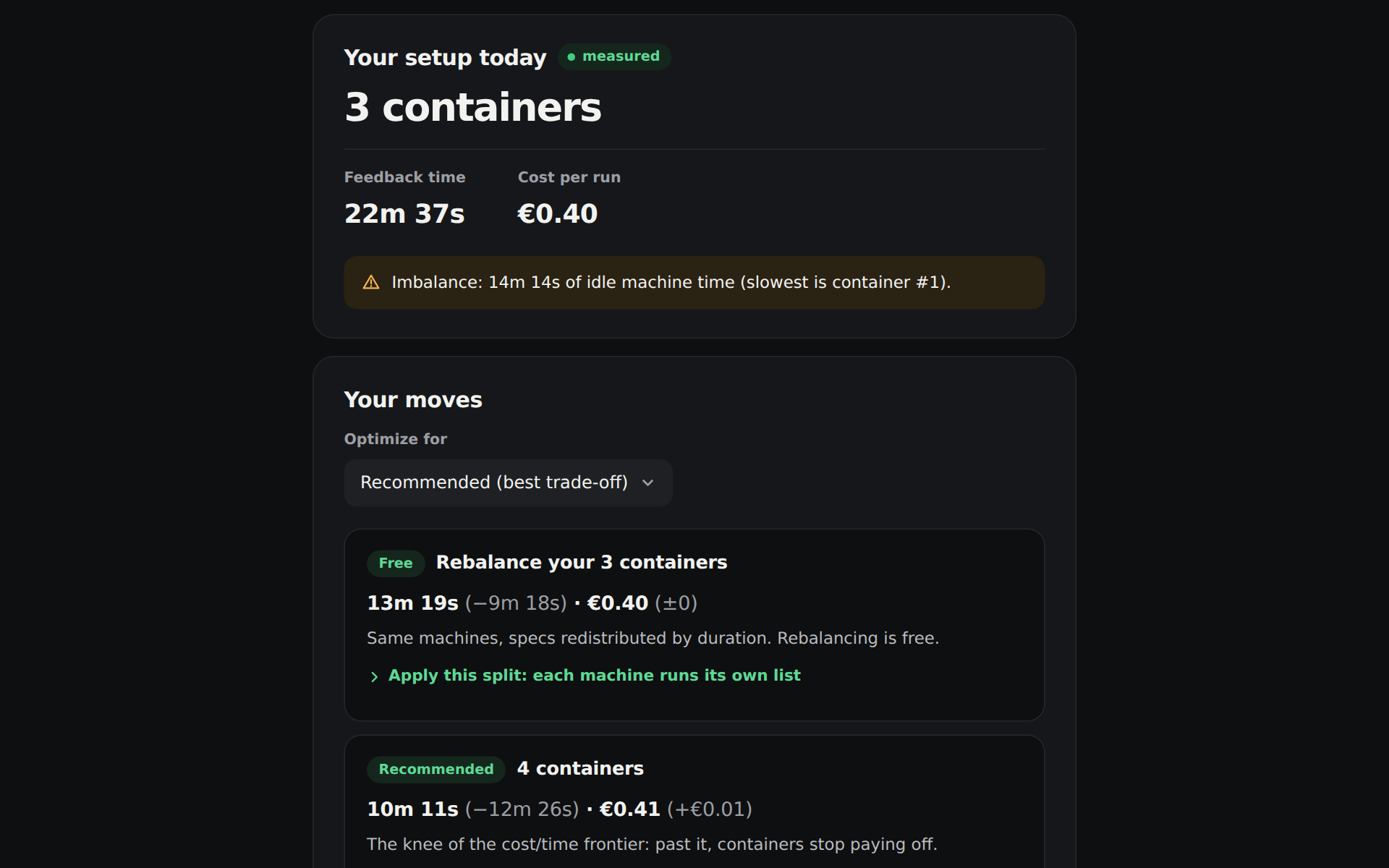 CI Shard Advisor showing a 3-container setup and the suggested moves