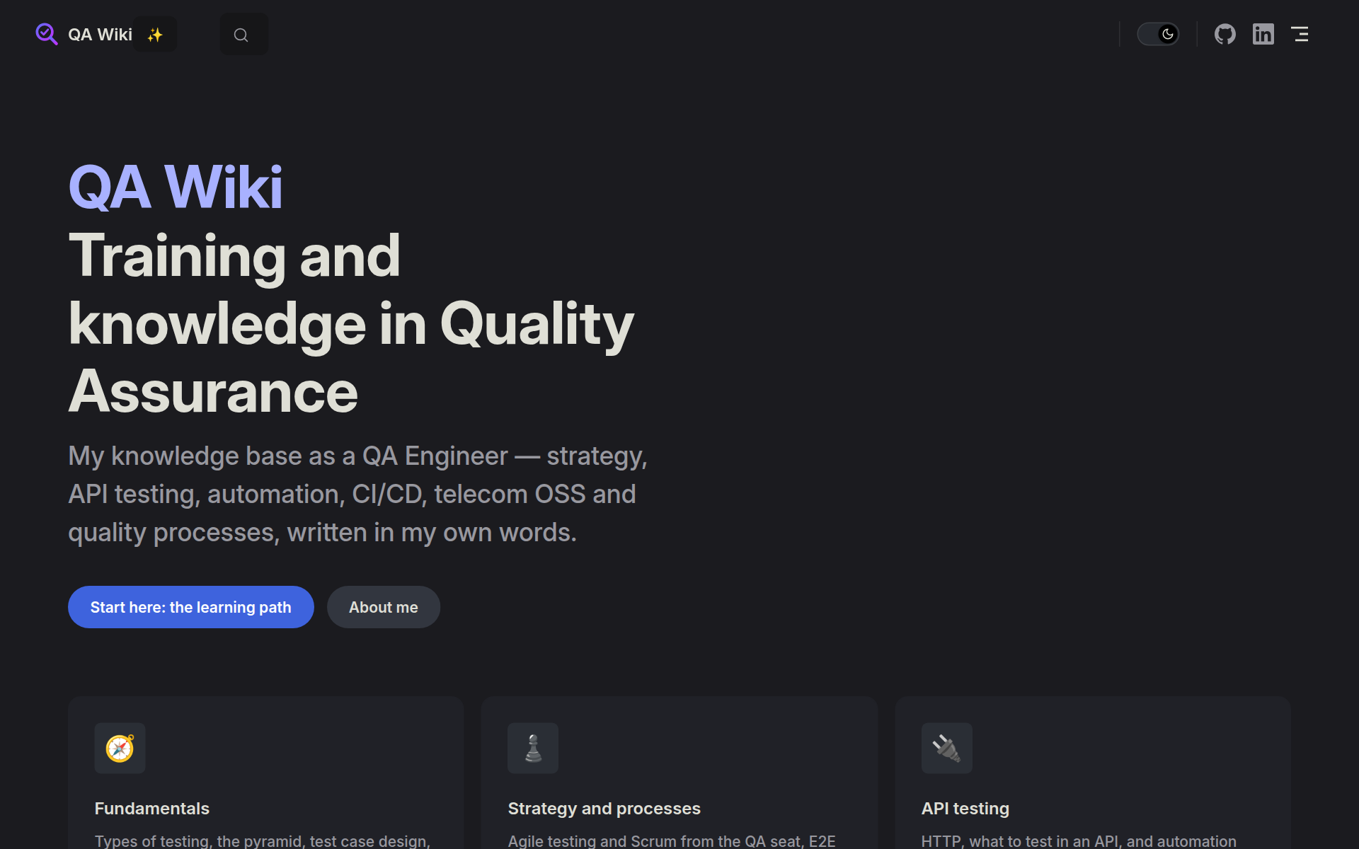 The QA Wiki home page with sections on fundamentals, strategy and API testing